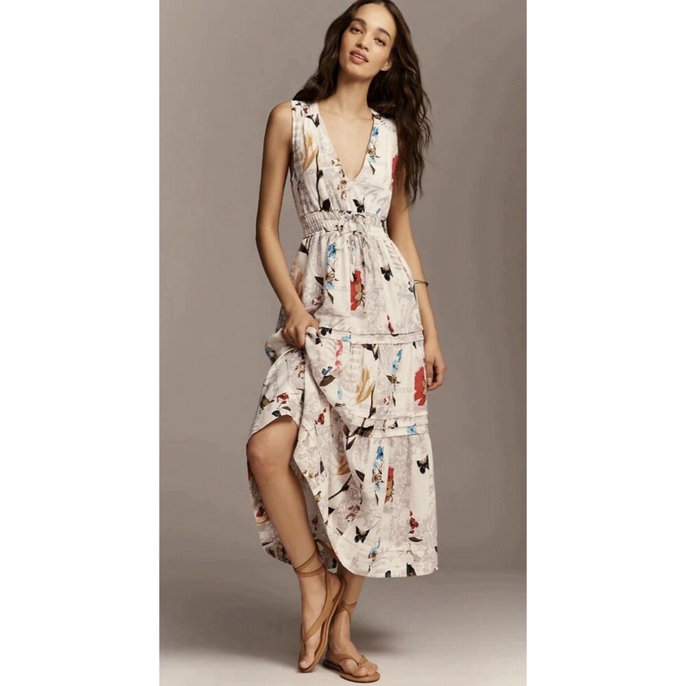 Anthropologie Maxi Dress Somerset Floral Linen Preppy Vacay Coastal Size XL NWT